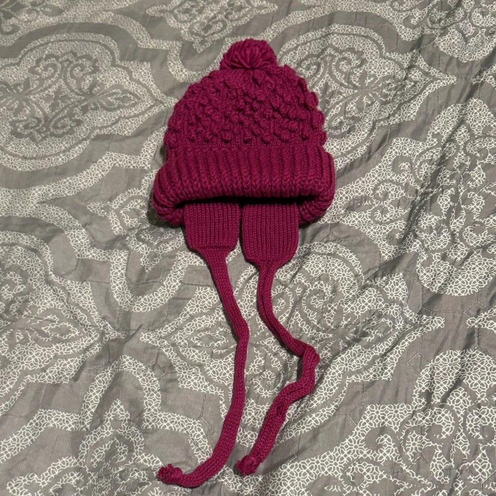 Knit Pom-Pom Earflap Hat in Berry Pink